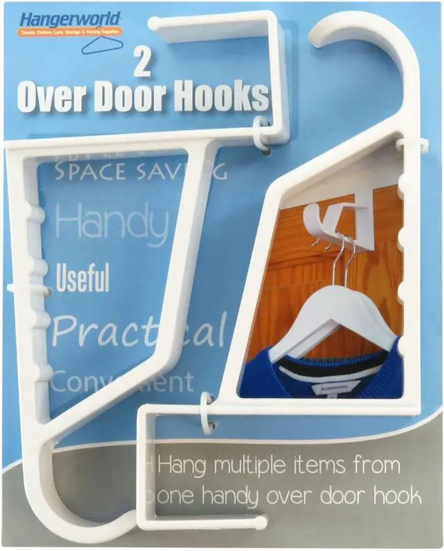 Alt view image 2 of 3 - 2 Pack Over The Door Hooks for Hangers - Extra Strong White Plastic Over Door Hook for Hanging Clothes Towels Robes Hats Bags and More