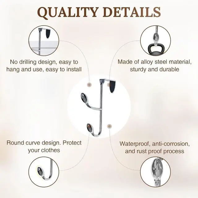 Alt view image 5 of 7 - Traditional Over The Door Double Hooks Organizer for Hanging Coats Hats Towels Purses in Bedroom Bathroom Laundry Room and More - Silver