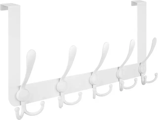 Main image of Over The Door Hooks 5 Heavy Duty Tri Coat Rack All Metal Coat Hanger for Bathroom Bedroom Dorm (White 1PK Fit 1-3/8 Doors)