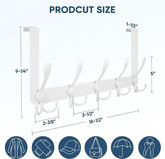 Alt view image 2 of 7 - Over The Door Hooks 5 Heavy Duty Tri Coat Rack All Metal Coat Hanger for Bathroom Bedroom Dorm (White 1PK Fit 1-3/8 Doors)