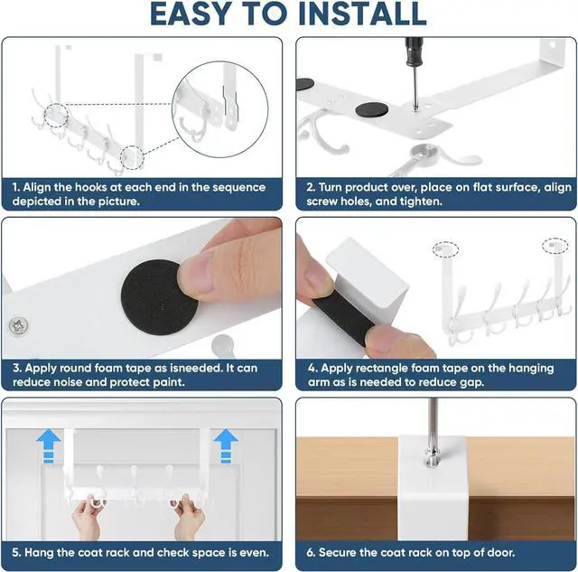 Alt view image 4 of 7 - Over The Door Hooks 5 Heavy Duty Tri Coat Rack All Metal Coat Hanger for Bathroom Bedroom Dorm (White 1PK Fit 1-3/8 Doors)
