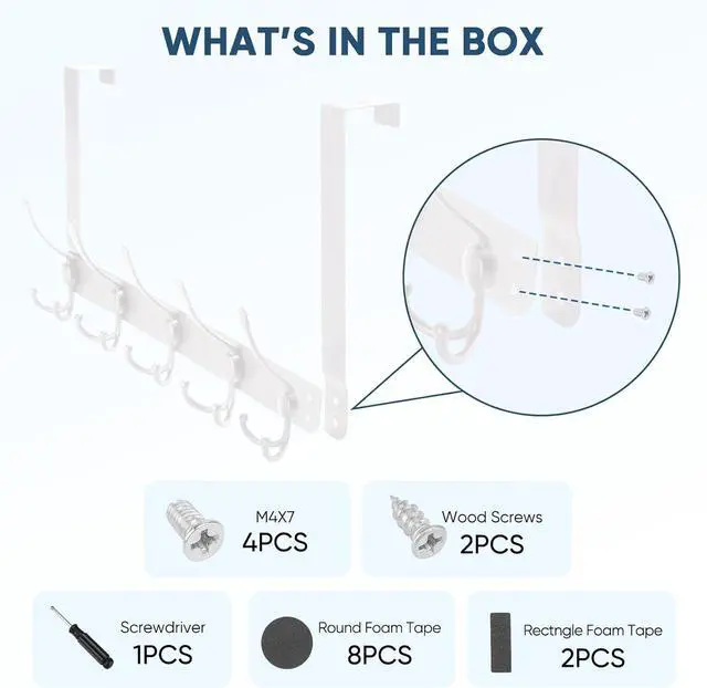 Alt view image 5 of 7 - Over The Door Hooks 5 Heavy Duty Tri Coat Rack All Metal Coat Hanger for Bathroom Bedroom Dorm (White 1PK Fit 1-3/8 Doors)