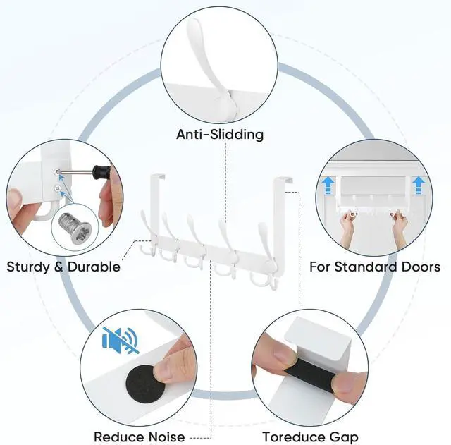 Alt view image 7 of 7 - Over The Door Hooks 5 Heavy Duty Tri Coat Rack All Metal Coat Hanger for Bathroom Bedroom Dorm (White 1PK Fit 1-3/8 Doors)