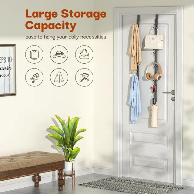 Alt view image 5 of 7 - Over The Door Hooks Long with 6 Hooks Behind The Door Towel Racks for Bathroom Door Purse Bag Coat Robe Hanger Hat Clothes Hanging Organizer with Non-Slip Pads & Suction Cups 28.3 Inches Black