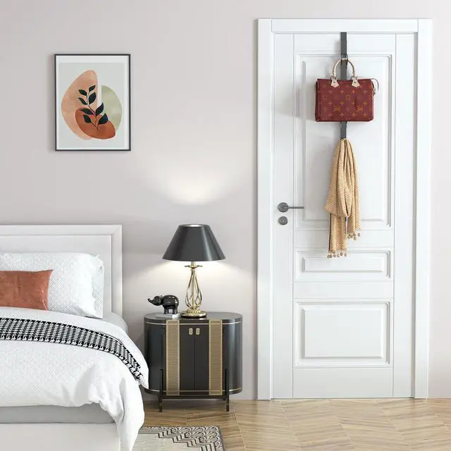 Alt view image 6 of 7 - Over The Door Hooks Long with 6 Hooks Behind The Door Towel Racks for Bathroom Door Purse Bag Coat Robe Hanger Hat Clothes Hanging Organizer with Non-Slip Pads & Suction Cups 28.3 Inches Black