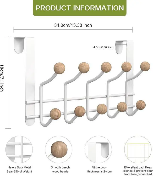 Alt view image 2 of 7 - Over The Door Hooks 2 Pack with 10 Knobs - Heavy Duty 45lb No Drill Hanger for Bathroom Bedroom Closet Organization