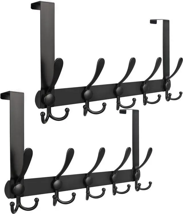 Main image of Over The Door Hooks 2 Pack Stainless Steel Door Hanger Hook Heavy Duty 5 Triple Hooks Door Coat Racks for Hanging Clothes Hats Towels(2 Pack Black)