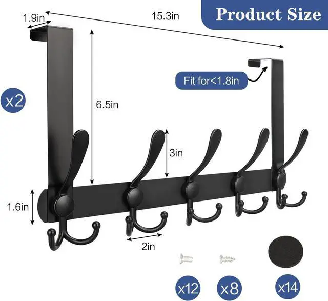 Alt view image 3 of 7 - Over The Door Hooks 2 Pack Stainless Steel Door Hanger Hook Heavy Duty 5 Triple Hooks Door Coat Racks for Hanging Clothes Hats Towels(2 Pack Black)