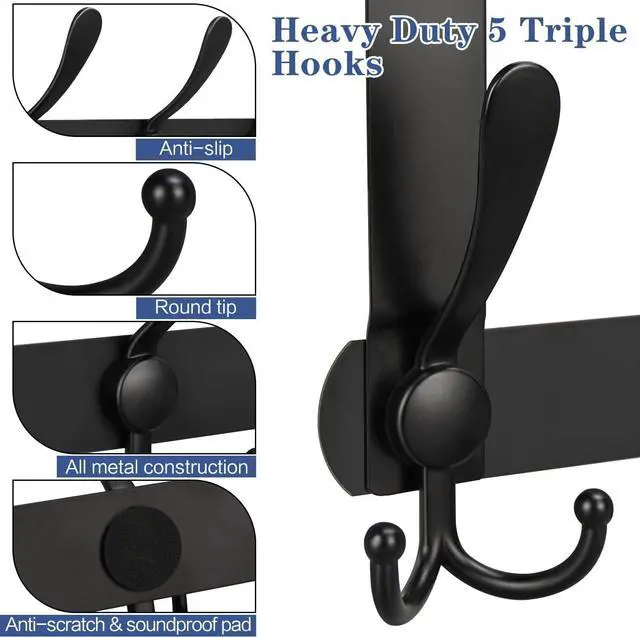 Alt view image 5 of 7 - Over The Door Hooks 2 Pack Stainless Steel Door Hanger Hook Heavy Duty 5 Triple Hooks Door Coat Racks for Hanging Clothes Hats Towels(2 Pack Black)