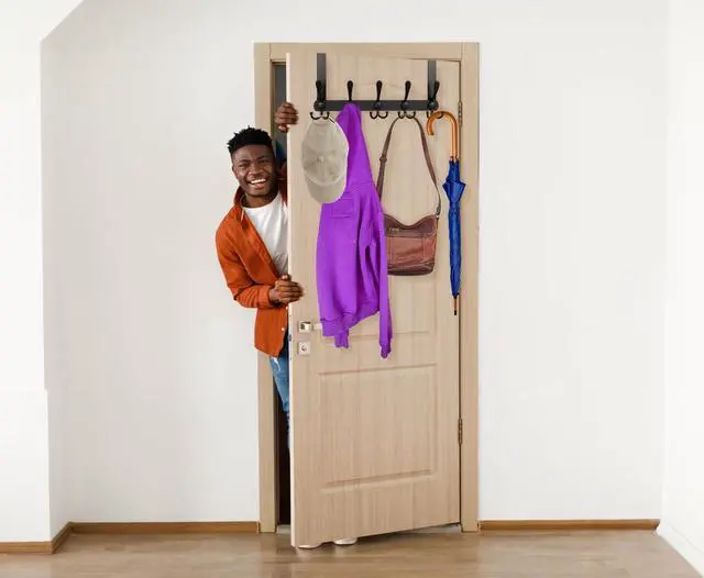 Alt view image 7 of 7 - Over The Door Hooks 2 Pack Stainless Steel Door Hanger Hook Heavy Duty 5 Triple Hooks Door Coat Racks for Hanging Clothes Hats Towels(2 Pack Black)