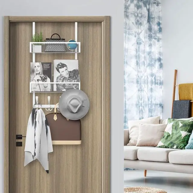 Alt view image 3 of 6 - Over The Door Hooks Organizer Coat Rack Over The Door Storage Hanger Towel Rack Back of Door Storage Organizer for Bathroom Bedroom Kitchen Office (White 3-Tier)