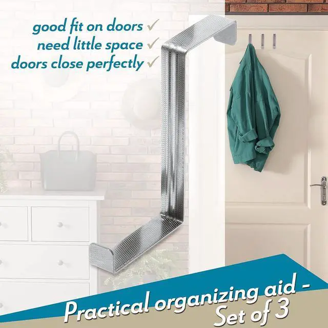 Alt view image 3 of 7 - Over The Door Hooks 3 + 2 Pack - 2-Sided Stainless Steel Coat Hanger Fits Door 1 3/8 & 1 3/4 Towel Holder with Anti-Scratch & Anti-Slip Pads - Hooks for Hanging for Daily Use Wreath Hanger