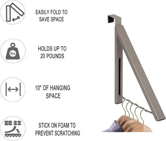 Alt view image 3 of 7 - HOLDN STORAGE Over The Door Hanger - Single Foldable Rack Organizer for Hanging Clothes Coats & Towels Ideal for Dorm Rooms Laundry Bathrooms Etc - Holds up to 20 LBs Collapsible - Satin Nickel
