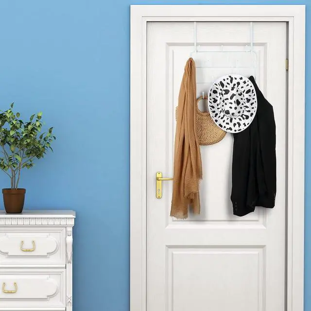 Alt view image 7 of 7 - Over The Door Hooks Hanger Rack Multi Use Metal Over The Door Hook Stainless Steel Rustproof Hanger for Coats Hats Robes Clothes Towels(White 1 Set)