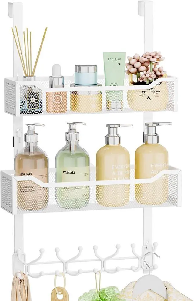 Main image of Over The Door Hook with 16 Hooks & 2 Mesh Baskets - Heavy Duty Over The Door Organizer Hanger for Towels Coats Clothes - Space Saving Hanging Rack for Bathroom Living Room White