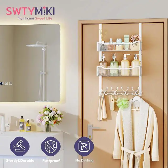 Alt view image 2 of 7 - Over The Door Hook with 16 Hooks & 2 Mesh Baskets - Heavy Duty Over The Door Organizer Hanger for Towels Coats Clothes - Space Saving Hanging Rack for Bathroom Living Room White