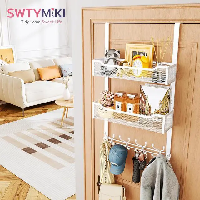 Alt view image 3 of 7 - Over The Door Hook with 16 Hooks & 2 Mesh Baskets - Heavy Duty Over The Door Organizer Hanger for Towels Coats Clothes - Space Saving Hanging Rack for Bathroom Living Room White