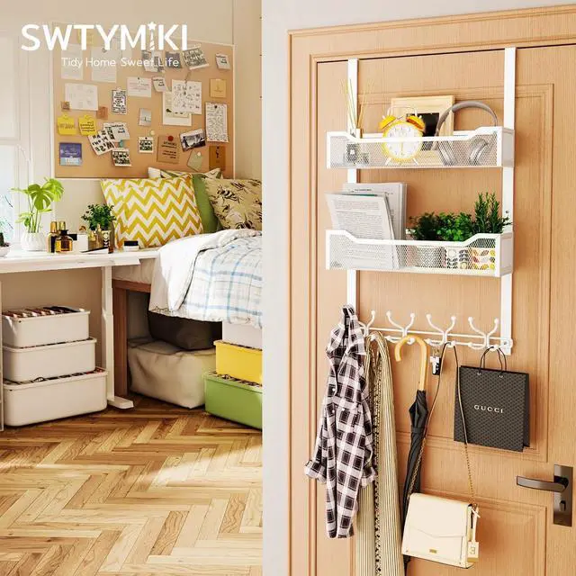 Alt view image 4 of 7 - Over The Door Hook with 16 Hooks & 2 Mesh Baskets - Heavy Duty Over The Door Organizer Hanger for Towels Coats Clothes - Space Saving Hanging Rack for Bathroom Living Room White