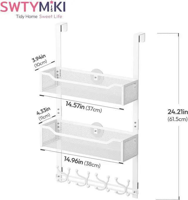 Alt view image 7 of 7 - Over The Door Hook with 16 Hooks & 2 Mesh Baskets - Heavy Duty Over The Door Organizer Hanger for Towels Coats Clothes - Space Saving Hanging Rack for Bathroom Living Room White