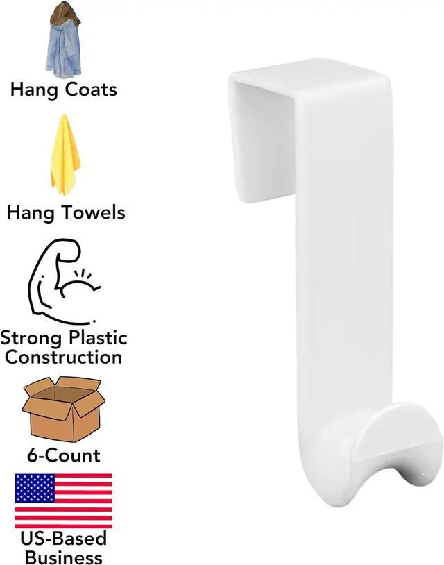 Alt view image 3 of 6 - 6-Pack Over-Door Plastic Valet Hook Set White for Coats Towels