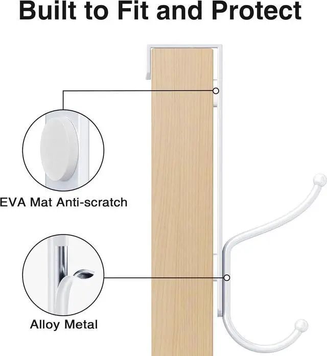 Alt view image 6 of 7 - Lang Over Door Hook 2-Pack - Heavy Duty Door Hook with Support Pads 9 Inches Tall Child-Friendly Height No Drilling Required Fits Doors Up to 1? Inches Thick Alloy Metal White
