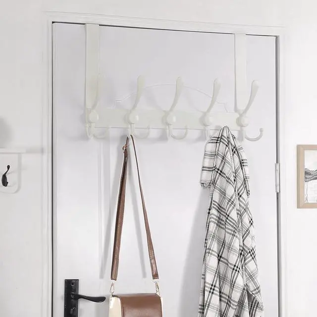 Alt view image 4 of 7 - Over The Door Hook Hanger - 5 Tri Hooks Heavy Duty Over The Door Towel Rack Coat Rack for Clothes Jacket Hat Towel White