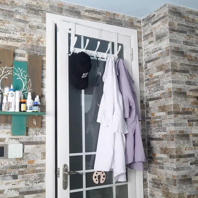 Alt view image 6 of 7 - Over The Door Hook Hanger - 5 Tri Hooks Heavy Duty Over The Door Towel Rack Coat Rack for Clothes Jacket Hat Towel White