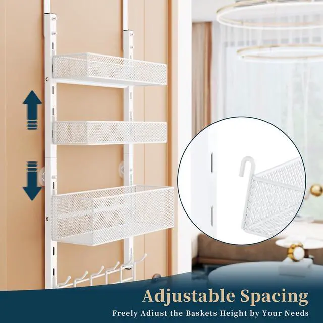 Alt view image 2 of 7 - Over The Door Hooks Organizer - 4 Tier Door Coat Rack with 3 Baskets and 12 Hooks Stainless Steel Towel Hanger for Bedroom Bathroom Living Room White