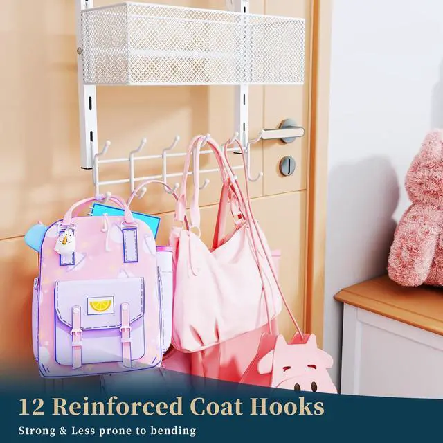 Alt view image 4 of 7 - Over The Door Hooks Organizer - 4 Tier Door Coat Rack with 3 Baskets and 12 Hooks Stainless Steel Towel Hanger for Bedroom Bathroom Living Room White