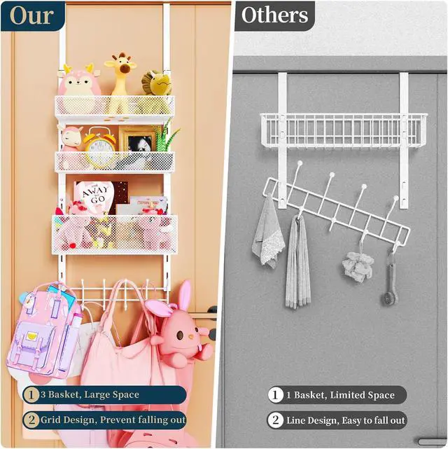 Alt view image 3 of 7 - Over The Door Hooks Organizer - 4 Tier Door Coat Rack with 3 Baskets and 12 Hooks Stainless Steel Towel Hanger for Bedroom Bathroom Living Room White