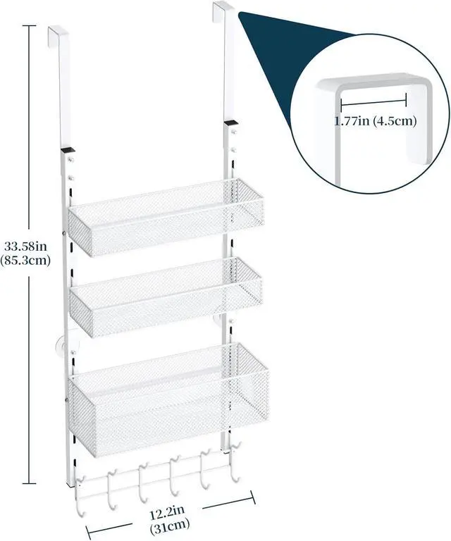 Alt view image 7 of 7 - Over The Door Hooks Organizer - 4 Tier Door Coat Rack with 3 Baskets and 12 Hooks Stainless Steel Towel Hanger for Bedroom Bathroom Living Room White