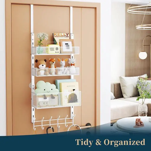 Alt view image 5 of 7 - Over The Door Hooks Organizer - 4 Tier Door Coat Rack with 3 Baskets and 12 Hooks Stainless Steel Towel Hanger for Bedroom Bathroom Living Room White