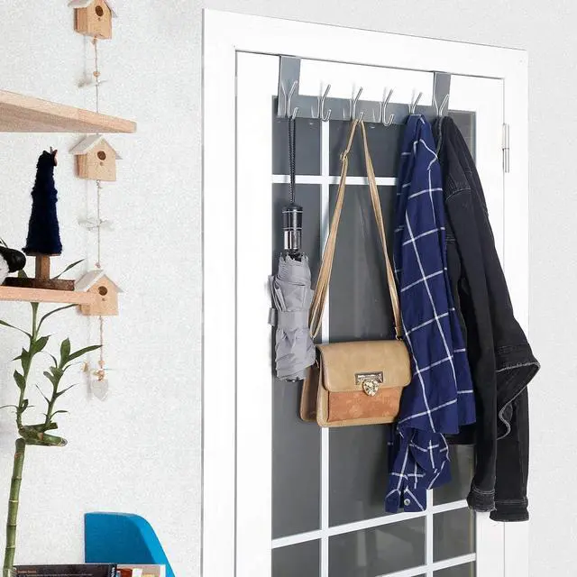 Alt view image 7 of 7 - Over The Door Hooks:Door Hanger Over The Door Towel Rack Door Coat Towel Hanger Door Coat Rack 6 Hooks for Hanging Clothes Jacket Hats Bathroom White