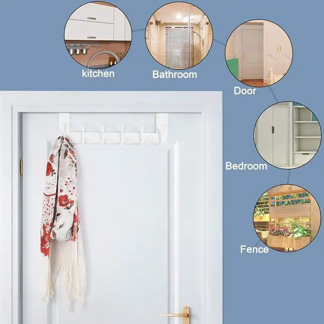 Alt view image 3 of 7 - Over The Door Hook - 6 Hooks No Assembly Required Stainless Steel Door Hooks Over Door Coat Rack for Hanging Coats Clothes Hats Robes White