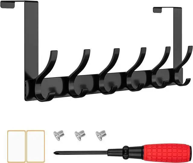 Main image of Over The Door Hooks 12 Hooks Over The Door Hanger Hook 15.5 L x 4.5 H Over Door Hook Over Door Towel Rack Coat Rack Door Hooks for Hanging Black