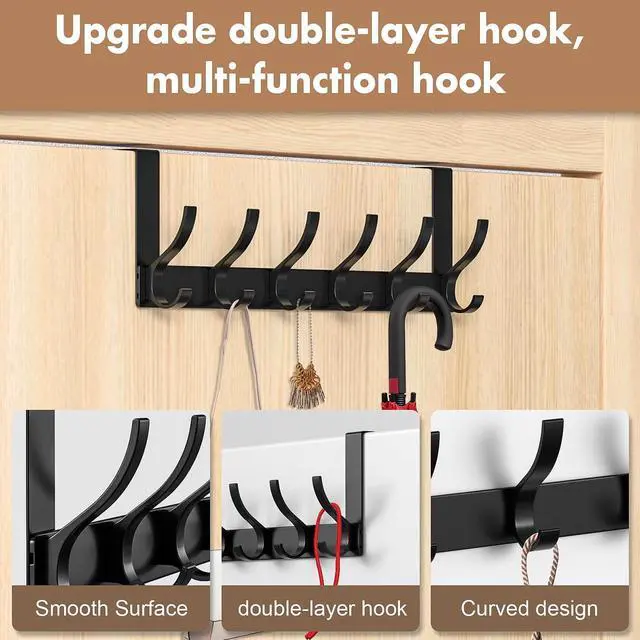 Alt view image 7 of 7 - Over The Door Hooks 12 Hooks Over The Door Hanger Hook 15.5 L x 4.5 H Over Door Hook Over Door Towel Rack Coat Rack Door Hooks for Hanging Black