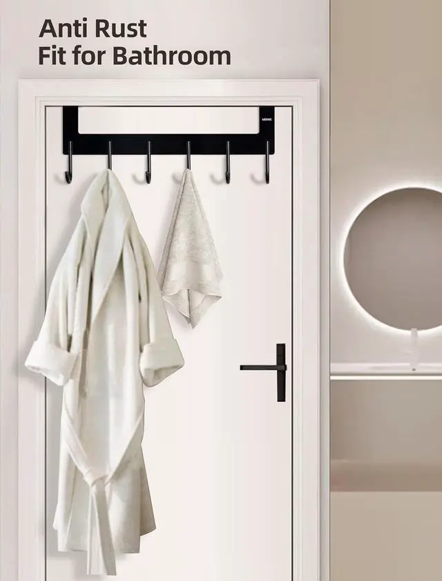 Alt view image 4 of 7 - Over Door Hanger Aluminum Over The Door Towel Rack Hooks with 6 Hook for Hanging Towel Robe Coat Bathroom Bedroom Towel Rails Metal Black