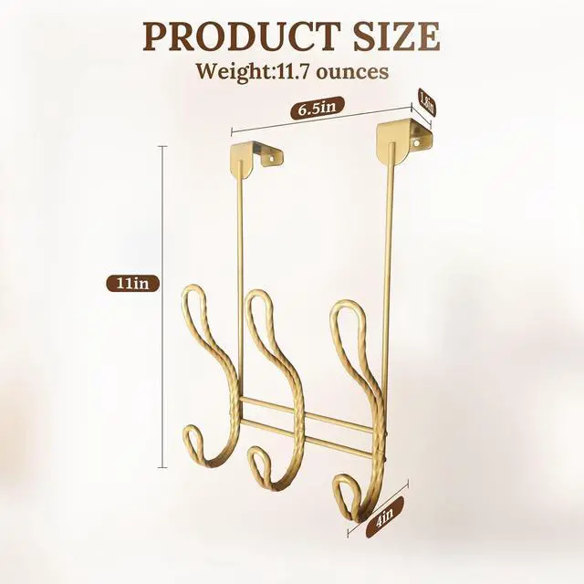 Alt view image 3 of 7 - Twisted Design Over The Door Hook Rack Over The Door Towel Rack Door Hanger Door Coat Hanger Over The Door Coat Rack for Bathroom Bedroom or Laundry Room (Gold with 6 Hooks)