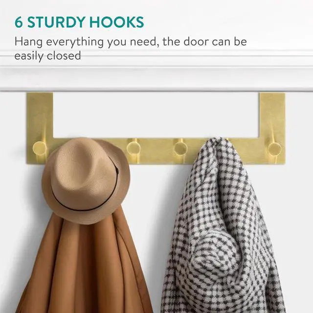 Alt view image 3 of 6 - Over the Door Hanger Hooks - Over-Door Coat Rack with 6 Knobs for Doors with Flat Top up to 1-5/8 Thick - Stainless Steel - Gold