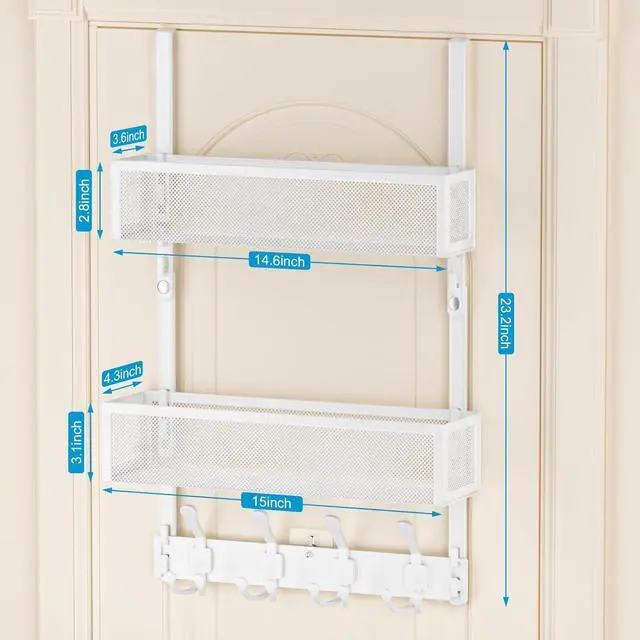 Alt view image 2 of 7 - Over The Door Hooks Organizer Door Hanger Towel Rack with 2 Baskets Adjustable Over The Door Coat Rack Back of Door Storage for Bedroom Kitchen Bathroom (White)