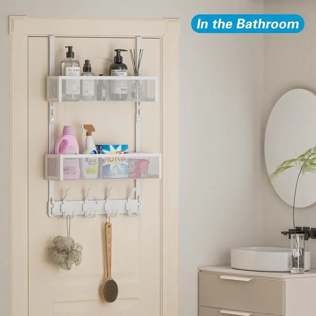 Alt view image 6 of 7 - Over The Door Hooks Organizer Door Hanger Towel Rack with 2 Baskets Adjustable Over The Door Coat Rack Back of Door Storage for Bedroom Kitchen Bathroom (White)