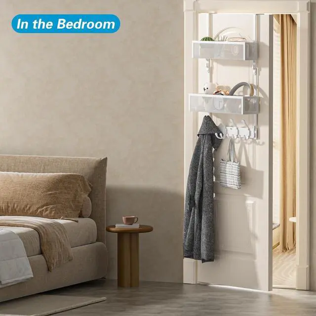 Alt view image 7 of 7 - Over The Door Hooks Organizer Door Hanger Towel Rack with 2 Baskets Adjustable Over The Door Coat Rack Back of Door Storage for Bedroom Kitchen Bathroom (White)