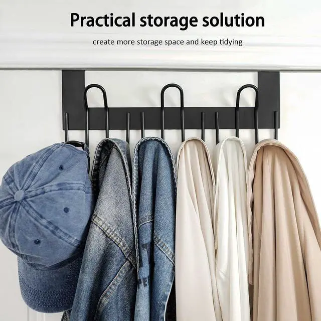 Alt view image 2 of 7 - Over The Door Hooks - for Doors up to 1-3/4 Thickness Metal Door Hanger with 9 Hooks Over The Door Hanger for Coats Hats Towels Black