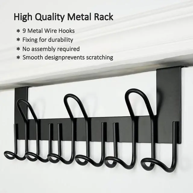 Alt view image 3 of 7 - Over The Door Hooks - for Doors up to 1-3/4 Thickness Metal Door Hanger with 9 Hooks Over The Door Hanger for Coats Hats Towels Black