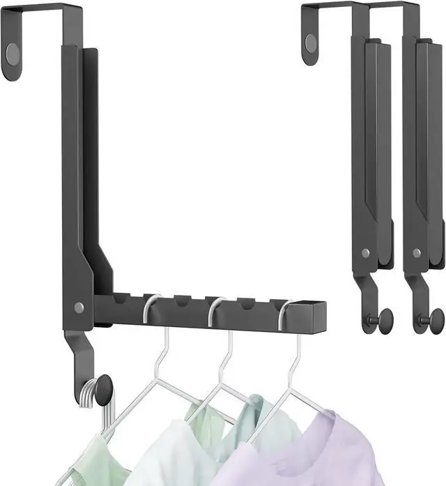 Main image of 2 Packs Over The Door Hangers Folding Over Door Hanger Hooks Portable Space Saving Collapsible Coat Towel Racks for Laundry Bedroom Living Room Kitchen Travel Drying Storage (2Pack Black)