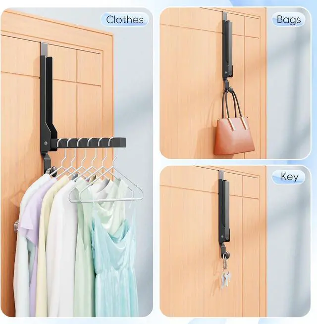 Alt view image 6 of 7 - 2 Packs Over The Door Hangers Folding Over Door Hanger Hooks Portable Space Saving Collapsible Coat Towel Racks for Laundry Bedroom Living Room Kitchen Travel Drying Storage (2Pack Black)