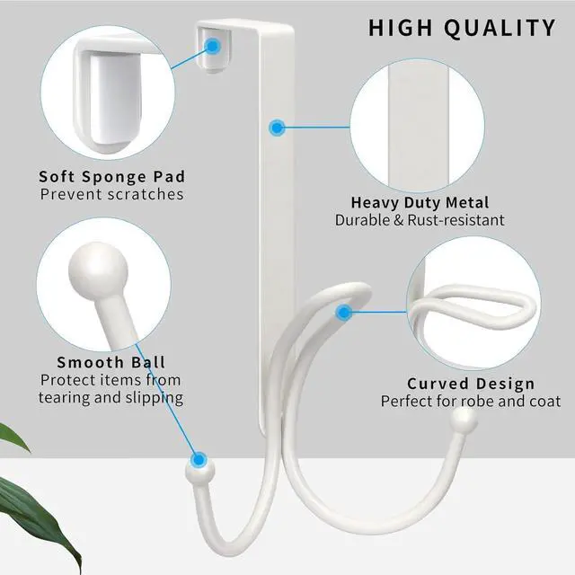 Alt view image 3 of 7 - Over The Door Hooks - 2 Pack Door Hangers with Sponge Pad Prevent Scratches Heavy Duty Organizer Hooks for Living Room Bathroom Bedroom Kitchen Hanging Clothes Robe Towels Hats Bags White