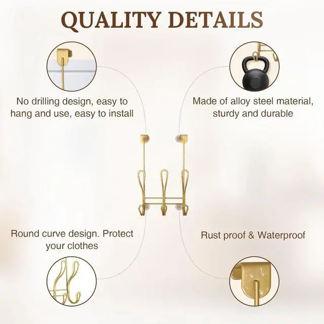 Alt view image 5 of 7 - Twisted Design Over The Door Hook Rack Over The Door Towel Rack Door Hanger Door Coat Hanger Over The Door Coat Rack for Bathroom Bedroom or Laundry Room (Gold with 6 Hooks)