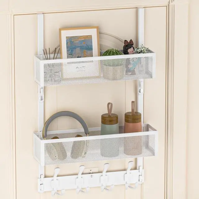 Main image of Over The Door Hooks Organizer Door Hanger Towel Rack with 2 Baskets Adjustable Over The Door Coat Rack Back of Door Storage for Bedroom Kitchen Bathroom (White)
