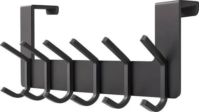 Main image of Matte Black Over The Door Hooks  Heavy Duty Stainless Steel Door Hanger with 6 Double Hooks for Hanging Towels Coats Robes Hats Bags  No Drill Over Door Towel Rack for Bathroom & Bedroom